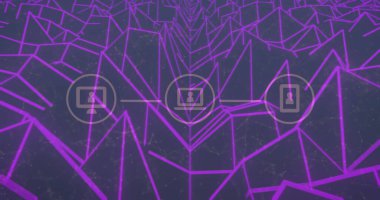 Siyah arkaplan üzerindeki şekillerin üzerindeki simgelerle bağlantı ağının resmi. küresel teknoloji, ışık ve desen kavramı dijital olarak oluşturulmuş görüntü.