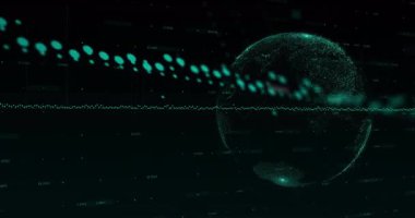 Gösterge panelinde dönen neon yeşil dijital küre, parlayan veri noktaları ve sayısal görseller. Teknoloji, siber, fütüristik, dijital, görselleştirme, holografik, arayüz