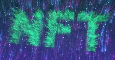 NFT harfleri siber zemin üzerinde yüzüyor, parlayan yeşil parçacıklar neon yağmuru yapıyor. Fütürist, dijital, neon, soyut, yenilikçi, teknoloji, siber