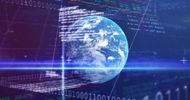 Dünya 'nın 3 boyutlu küresi holografik şebekeler arasında yüzüyor ve stok verileri üst üste geliyor. Fütüristik, dijital, holografik, teknoloji, veri görselleştirme, analitik, sanal