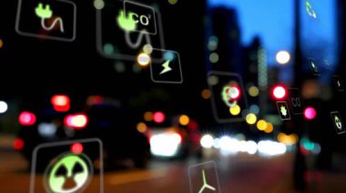 Yarı saydam enerji ve karbon monoksit simgeleri gece bulanık cadde üzerinde yüzüyor, bokeh ve düz tasarım ile. Gelecek, teknoloji, sürdürülebilirlik, kentsel, soyut, dijital, çevresel