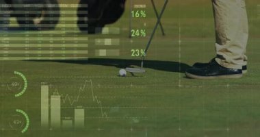 Golf performans verileri, turta grafikleri, çubuk grafikleri ve harita kaplamaları ile yeşili koyarken görselleştiriliyor. Spor, analitik, görselleştirme, açık hava, kesinlik, rekabet, strateji