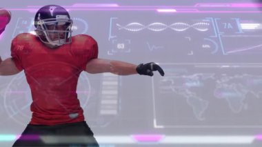 Teknoloji laboratuvarında kollarını kaldırmış bir futbolcu holografik DNA ve veri grafikleri gösteriyor. Sporcu, esport, fütüristik, yenilikçi, veri görselleştirme, dijital arayüz, eğitim