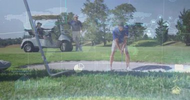 Arkadaşlar sığınakta golf oynuyorlar, dünya haritası, çizelge ve ağ simgeleriyle teknolojilerini gösteriyorlar. Lüks, eğlence, boş zaman, açık hava, işbirliği, zamanlama, dijital