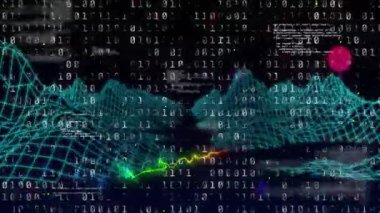 Teal 3D kablo örgüsü tepe ve vadilerden yükseliyor, ikili kodları ve yüzen noktaları birleştiriyor. Fütüristik, dijital, teknoloji, siber alan, veri görselleştirme, soyut, sürükleyici