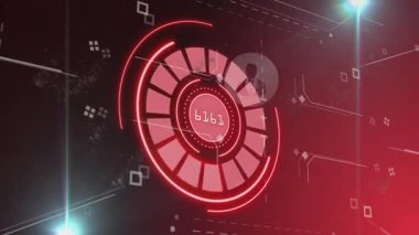 Kırmızı segmentli dairesel HUD görüntüleme 1587 okuma, ikili yay ve parlayan ızgara içinde dönme. Teknoloji, yenilik, arayüz, dijital, siber güvenlik, veri, geleceksel