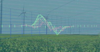 Renkli dijital ızgara, dalga biçimi ve şamdanlar yeşil alana ve rüzgar türbinlerine yayılıyor. Sürdürülebilir, yenilenebilir, çevre dostu, teknoloji, fütüristik, veri görselleştirme, çevre