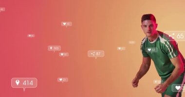 Erkek sporcu, gradyan stüdyoda, yüzen sosyal simgeleri iş büyümesini hızlandırırken gösteriyor. Dinamik, rekabetçi, enerjik, dijital, yenilik, performans