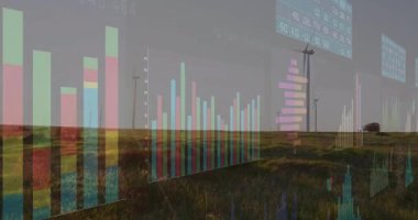 Rüzgâr türbinleri çimenli alanda dönüyor ve yüzen veri grafiklerini düz tasarım şeklinde gösteriyor. Yenilenebilir enerji, sürdürülebilirlik, teknoloji, çevreci, yenilik, temiz güç, gelecekçi