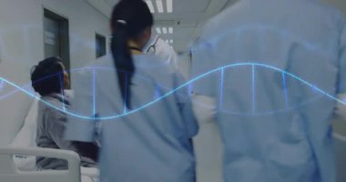 Doktor hastane koridorunda genetik verileri açıklıyor, hasta yüzen DNA sarmalının altında dinliyor. Tıbbi, sağlık, profesyonel, klinik, tanı, yenilikçi, tedavi