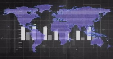 3D çizgi grafikleri ve çubuk grafikleriyle mor nokta matris dünya haritası gösteriliyor. Fütürist, analitik, görselleştirme, teknoloji, sürükleyici, dijital, karmaşık
