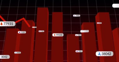 Gradyan arkaplan üzerinde yükselen kırmızı 3D çubukları gösteren, etiketleri ve simgeleri gösteren veri canlandırması. Analizler, gösterge paneli, teknoloji, istatistik, içgörü, sunum, arayüz