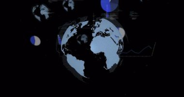 Küresel analitik gösterge paneli üç boyutlu küre, temiz çizelgeler ve metin bloklarıyla sanal UI 'da görselleştiriliyor. Teknoloji, veri, görselleştirme, dijital, arayüz, fütürist, analitik