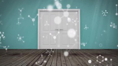 Ahşap zemine, moleküler ağ simgelerinin yer aldığı çift kapılı arka lambaları açın. Minimalist, fütürist, aydınlatma, iç mekan, modern, bilim, teknoloji