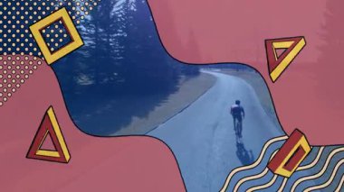 Kırsal sağlık pazarında bisiklet süren genç çocuk kırmızı şekilleri ve sarı geometriyi harmanlıyor. Macera, açık hava, enerjik, sağlıklı, aktivite, doğa