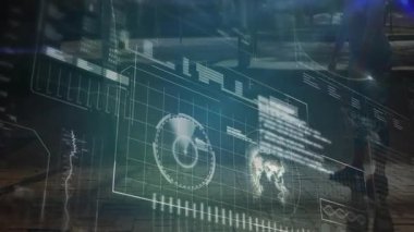 Şehir parkında jimnastik yapan kadın sporcu, fitness teknolojisi şebekesi, bar çizelgesi, DNA sarmalı. Spor, sağlık, açık hava, teknoloji, yenilik, sağlık, etkinlik