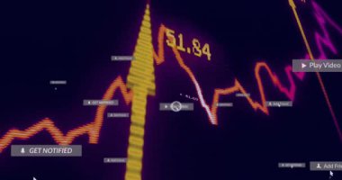 Düz dizayn arayüzünde yüzen kırmızı turuncu mavi alarm ile turuncu dalga formu çizelgesi canlandırılıyor. Veri görselleştirme, kullanıcı arayüzü, dijital analitik, teknoloji tasarımı, modern grafikler, bilgi örtüsü, soyut arkaplan