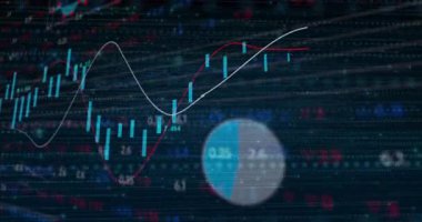 Analitik gösterge panelinde şamdanlar, trend çizgileri, daire çizgileri yer alıyor. Teknoloji, veri, görselleştirme, dijital, finans, analitik, arayüz