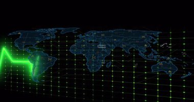 Karanlık ızgarada titreşen dijital dünya haritası neon ECG dalga formunu, parlayan düğümleri ve bal peteğini gösteriyor. Teknoloji, veri, görselleştirme, fütüristik, holografik, analitik, dijital