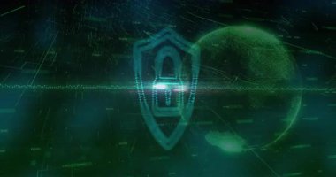 Parlayan siber kalkan asma kilidi çiziyor ve karanlık siber ızgaranın içinde yüzüyor. Siber güvenlik, veri koruması, dijital güvenlik, fütürist, teknoloji, şifreleme, sanal ortam