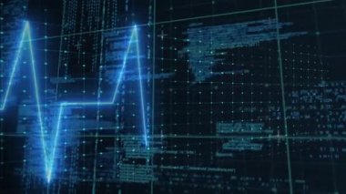 Neon-blue ECG dalgaboyu 3 boyutlu ızgara boyunca parlayan turkuaz düğümlerle kod arasında yüzüyor. Gelecek, teknoloji, veri, dijital, soyut, arayüz, yenilik