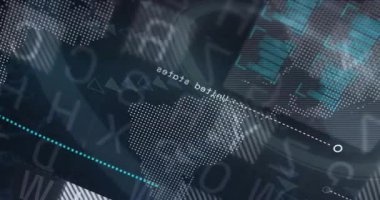 Sanal gösterge panelinde turkuaz HUD modülleri ve canlandırılmış bar çizelgeleri ile noktalı dünya haritası gösteriliyor. Etkileşimli, geleceksel, teknoloji, veri, analitik, görselleştirme, dijital