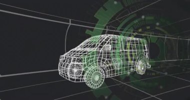 3D kablo modeli. şebeke zemininde dönüyor, yeşil HUD örtülerini gösteriyor. Gelecek, teknoloji, mühendislik, dijital, yenilik, simülasyon, sanal