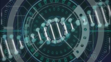 Merkezi dairesel arayüz döndürme, segmentli kavisler, parlayan veri düğümleri, asma kilit simgeleri. Fütürist, teknoloji, arayüz, dijital, veri, bilim kurgu, kontrol