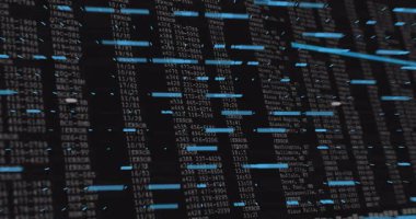 Dijital arayüz, yanıp sönen hatalar ve hareket eden çubuklar ve neon grafik titreşimli kod sütunlarını gösteriyor. Gelecek, teknoloji, analitik, veri, siber, görselleştirme, arayüz