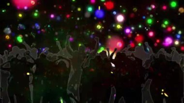 Canlı Bokeh ışıkları önünde dans eden siluetli kalabalık ve düz tasarımla yüzen parıltı. Şenlikler, kutlamalar, enerji, gece hayatı, aydınlanma, birlik, heyecan