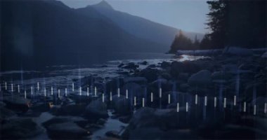 Su taşları düz dizayn ederken, göl kıyısında sayılarla yükselen dikey çizgiler. Doğa, sükunet, yansıma, manzara, veri görselleştirme, dinginlik, açık hava