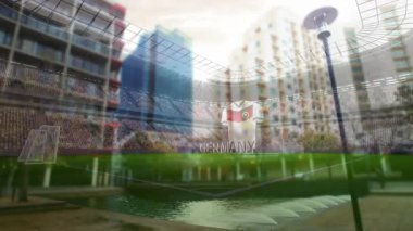 Yüzen Almanya forması merkez dairenin üzerinde süzülüyor, 3D katmanlı stadyum tasarımı sergileniyor. Stadyum, izleyiciler, mimari, spor salonu, kalabalık, kutlama, coşku