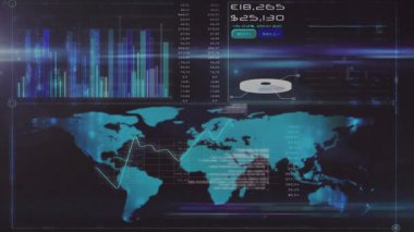 Çok renkli bar tablosu, fiyat alıntıları, 3 boyutlu donut, dünya haritası grafiği gösteren fütüristik finans ürünleri. Teknoloji, veri görselleştirme, yenilik, analitik, dijital tasarım, profesyonel, kullanıcı arayüzü