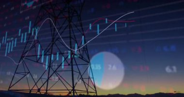 Elektrik iletim kulesi silueti, şamdan çubukları, kırmızı beyaz çizgiler, halka çizelgeleri gösteriyor. Teknoloji, finans, veri görselleştirme, dijital arayüz, fütürizm, analitik, sanayi