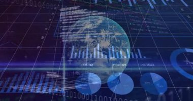 Koyu mavi veri panelinin üzerinde süzülen şeffaf Dünya küresi, 3D şebekeler kodlarını gösteriyor. Futuristik, teknoloji, veri görselleştirme, analitik, dijital, yenilik, finans