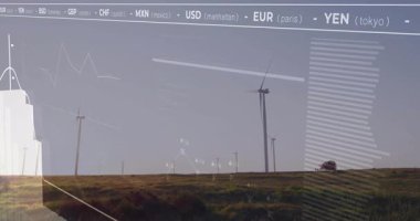 Rüzgâr türbinleri şeffaf hat çizelgeleri ve yuvarlanan çayırları geçen para birimi kalplerini sergiliyor. Yenilenebilir, sürdürülebilirlik, enerji, teknoloji, fütüristik, manzara, çevre