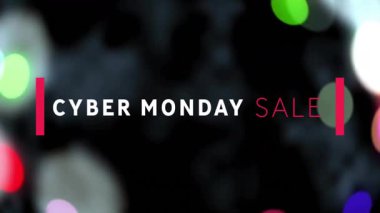 Siber Pazartesi Satışı metni, koyu dijital stüdyo pankartıyla renkli bokeh dairelerle canlandırılıyor. Dijital tasarım, tanıtım afişi, canlı, fütüristik, pazarlama, reklamcılık, görsel efektler