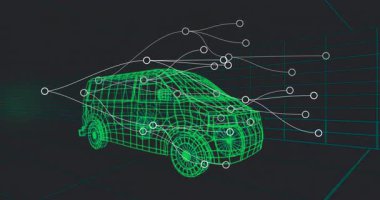 Yeşil kablo SUV modeli 3 boyutlu CAD simülasyonunda üretiliyor, beyaz düğümleri eğri çizgiler üzerinden birbirine bağlıyor. Teknoloji, otomotiv, dijital, yenilik, sanal, geleceksel, mühendislik
