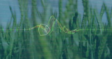 Buğday alanı canlandırılmış neon dalga formu grafiğini şamdan işaretleri ve ızgara çizgileriyle örtüyor. Tarım, manzara, teknoloji, veri görselleştirme, fütürizm, dijital, doğa