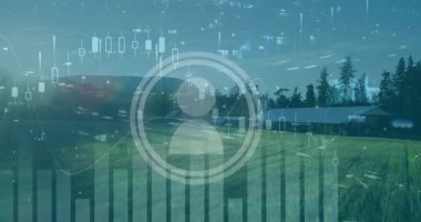 Büyük yarı saydam profil simgesi tarım arazisinde yüzüyor, şamdan çizelgeleri ve çubuk grafikleri sergiliyor. Peyzaj, finans, teknoloji, veri, analitik, kırsal, tarımsal