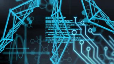 Neon-mavi üç boyutlu kafes yapıları siber uzayda dönüyorlar, altıgen simgeler ve kodlar gösteriyorlar. Fütürist, soyut, dijital, teknolojik, bilim, yenilik, ağ