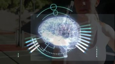 Tenis kortunda kolunu uzatan sporcu, sağlık teknolojisi hologramı görüntüleriyle etkileşimde. Futuristik, sportif, sürükleyici, görselleştirme, açık hava, dijital, aktif