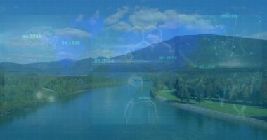 Nehir vadisinde yüzen DNA sarmalını, beyin taramasını ve moleküler ikonları gösteren animasyon. Biyoteknoloji, yenilik, fütürizm, ekoloji, dinginlik, bağlantı, kavramsal