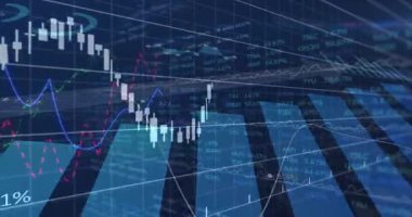 Borsa gösterge paneli mavi ızgarada şeffaf şamdan çubukları ve renkli çizgi grafikleri gösteriyor. Finansal analiz, veri görselleştirme, teknoloji, dijital arayüz, yatırım, analitik, yenilik
