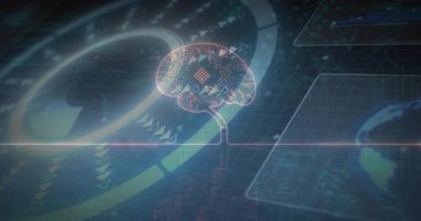 Çevre şekilli beyin simgesi koyu mavi ızgaranın üzerinde yüzüyor, parlayan veri halkaları dönüyor. Teknoloji, yenilik, fütürizm, veri görselleştirme, yapay zeka, dijital tasarım, bilim
