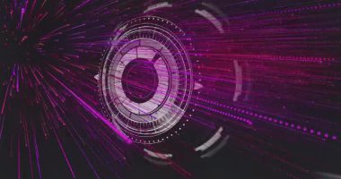 Dairesel HUD arayüzü koyu 3D renkte parlıyor. Kablo şeması üzerinde mor çizgiler gönderiyor. Fütürist, dijital, neon, teknoloji, arayüz, soyut, sanal