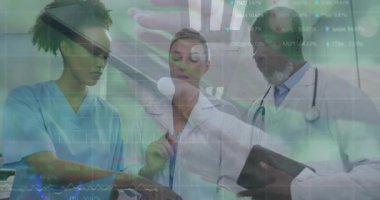 Tıbbi ekip inceleme çizelgesi, notları gözden geçirme, steteskop ve tableti grafikle kaplama. Sağlık, işbirliği, veri, teşhis, yenilik, profesyonellik, teknoloji