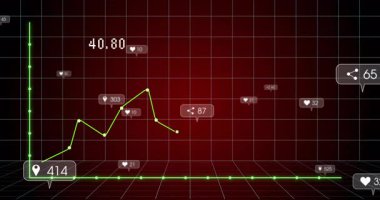 Kırmızı ızgarada yeşil alanı canlandıran üç boyutlu grafik işaretleyiciler, iğneler, kalpler, ortak simgeler gösteriyor. Veri görselleştirme, analitik, dijital tasarım, modern, teknoloji, gösterge paneli, içgörü