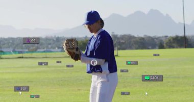 Sahada top atan bayan bir beyzbol atleti, yüzen sosyal medya pazarlama ikonları. Atletizm, takım çalışması, açık hava, enerjik, modern, performans, fitness