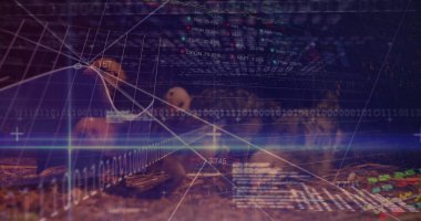 Tavuklar üzerinde veri işleme görüntüsü. Küresel iş ve dijital arayüz kavramı dijital olarak oluşturulmuş görüntü.